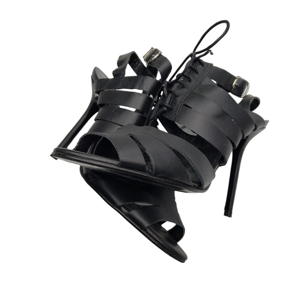 TOPSHOP | Black Strappy Vegan Leather Cage Lace Up Open Toe Heels Women's 7.5 - Picture 8 of 14